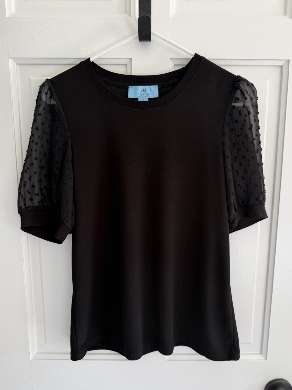 CeCe Black Swiss Dot‎ Puff Sleeve Knit Top Blouse Size Small